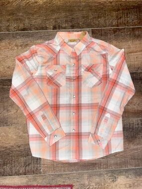 Wrangler Coral and White Plaid Pearl Snap-Front Button Down Shirt